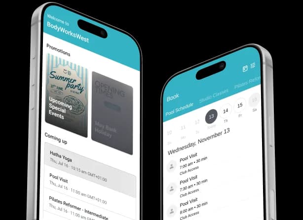Body Works West app showing promotions, upcoming bookings, and the class schedule